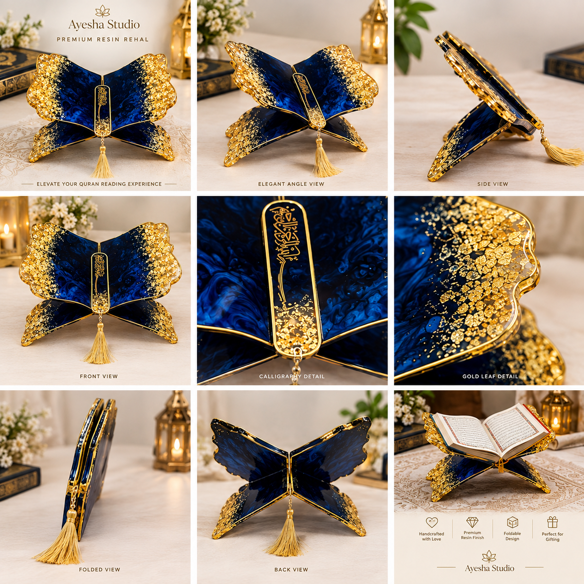 Royal Midnight Blue & Gold luxury Quran Resin Rehal