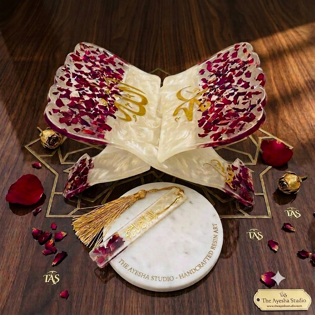 Rose Petals with Gold Flakes luxury Quran Resin Rehal