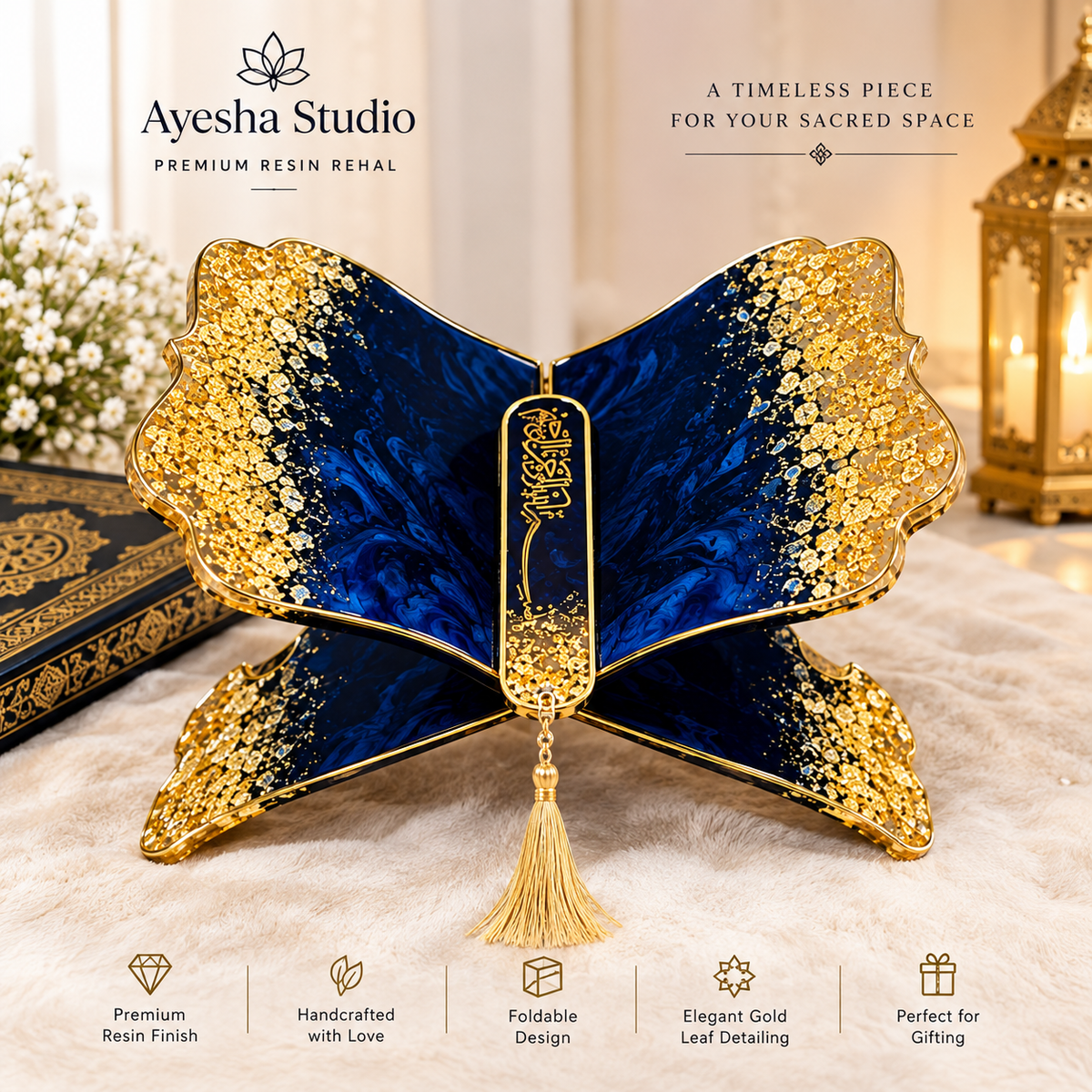 Royal Midnight Blue & Gold luxury Quran Resin Rehal